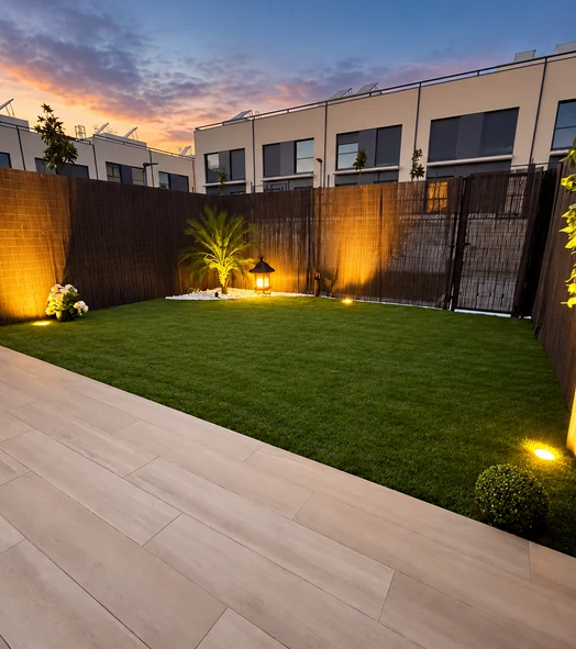 Patio ajardinado con césped artificial e iluminación al atardecer