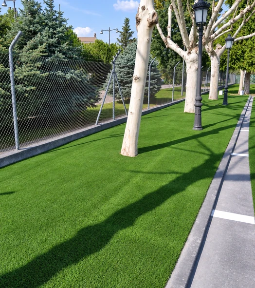 Franja de césped artificial con árboles junto a un camino de parque