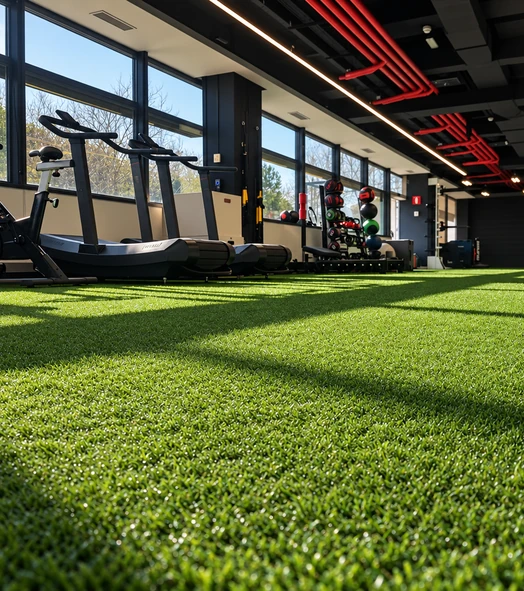 Zona de entrenamiento con césped artificial y máquinas de gimnasio