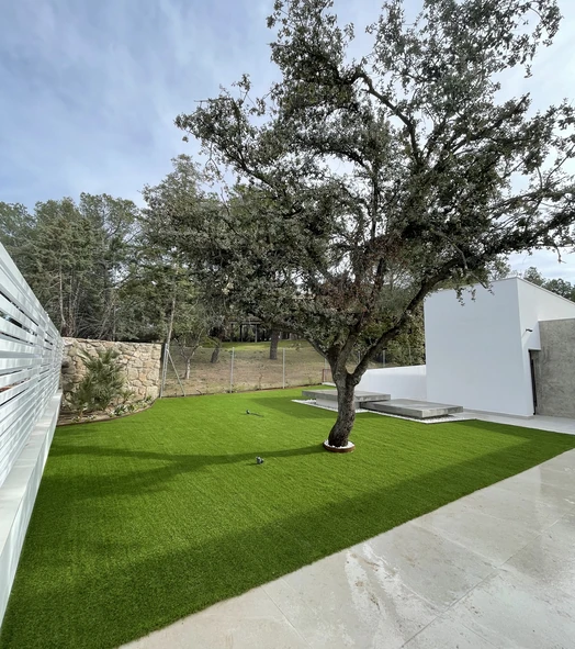 Jardín con césped artificial y un olivo junto a una vivienda